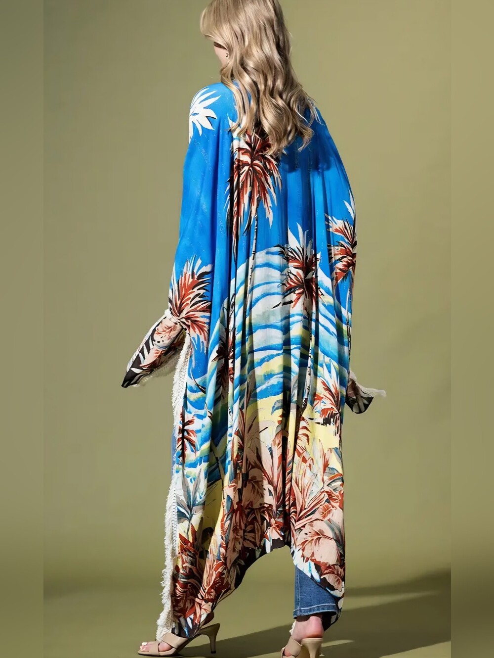 1190 Tropical Print Fringe Duster Coatigan - Blue & Yellow - Picture 2 of 3
